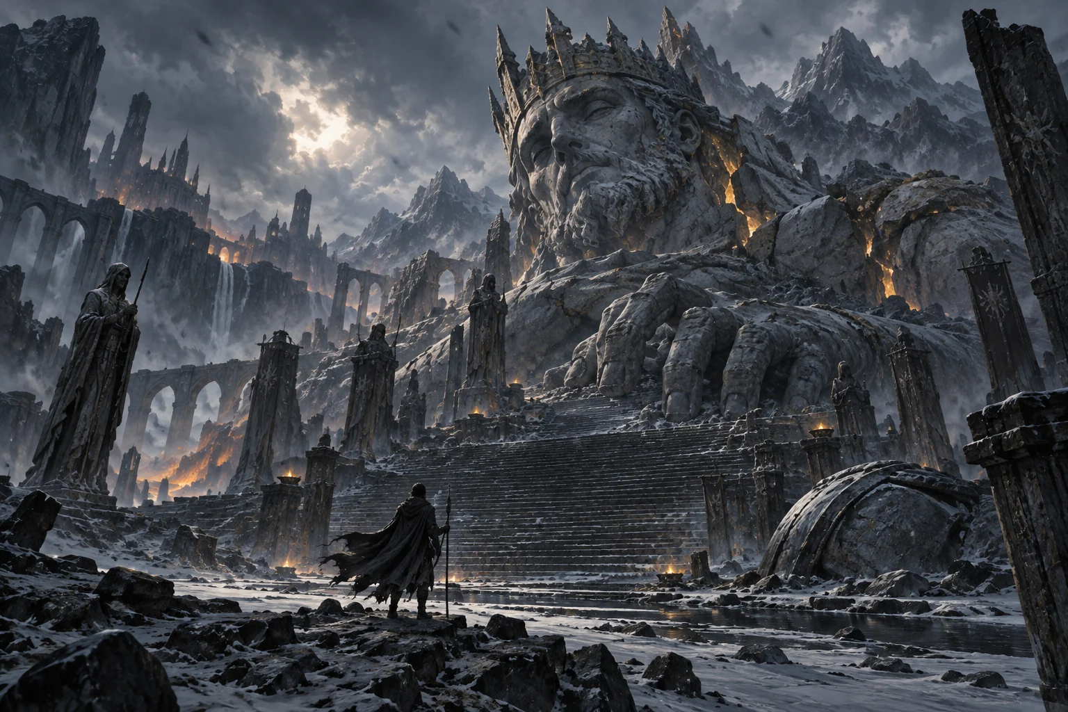 An explorer approaches a colossal ruined stone king